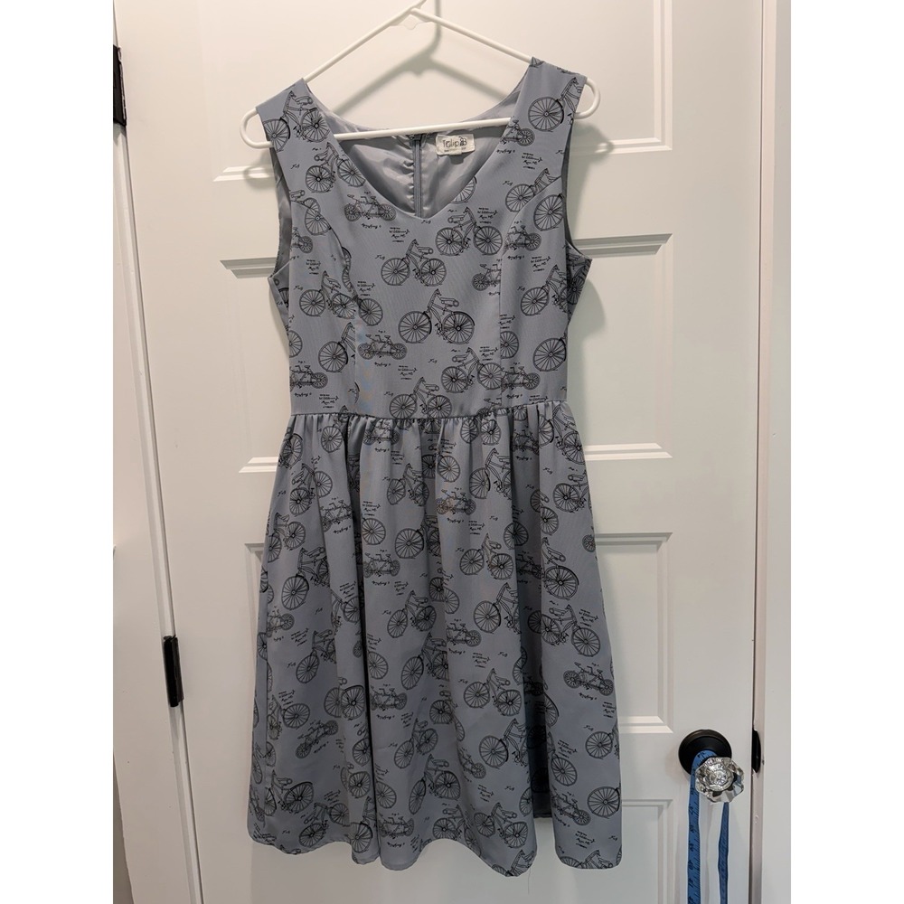 Tulip B Bicycle Print Dress S Gray Blue Fit Flare Pockets Sleeveless EUC